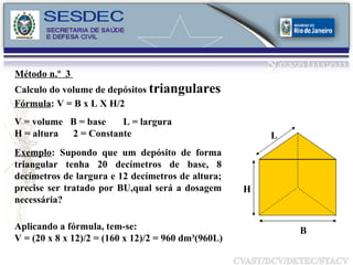 Método n.º  3  Calculo do volume de depósitos  triangulares Fórmula : V = B x L X H/2 L H B Aplicando a fórmula, tem-se: V = (20 x 8 x 12)/2 = (160 x 12)/2 = 960 dm³(960L) Exemplo : Supondo que um depósito de forma triangular tenha 20 decímetros de base, 8 decímetros de largura e 12 decímetros de altura; precise ser tratado por BU,qual será a dosagem necessária? V = volume  B = base  L = largura H = altura  2 = Constante 