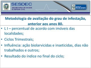 Metodologia de avaliação do grau de infestação, anterior aos anos 80 . L I – percentual de acordo com imóveis das localidades;  Ciclos Trimestrais; Influência: ação biolarvicidas e inseticidas, dias não trabalhados e outros; Resultado do índice no final do ciclo; 
