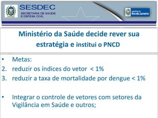 Ministério da Saúde decide rever sua estratégia e  institui o PNCD   Metas:  reduzir os índices do vetor  < 1%  reduzir a taxa de mortalidade por dengue < 1% Integrar o controle de vetores com setores da Vigilância em Saúde e outros; 