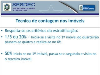 Técnica de contagem nos imóveis Respeita-se os critérios da estratificação : 1/5 ou 20% -  Inicia-se a visita no 1º imóvel do quarteirão passam-se quatro e realiza-se no 6º.  50%  Inicia-se no 1º imóvel, passa-se o segundo e visita-se o terceiro imóvel.   