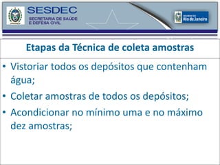 Etapas da Técnica de coleta amostras Vistoriar todos os depósitos que contenham água; Coletar amostras de todos os depósitos; Acondicionar no mínimo uma e no máximo dez amostras; 