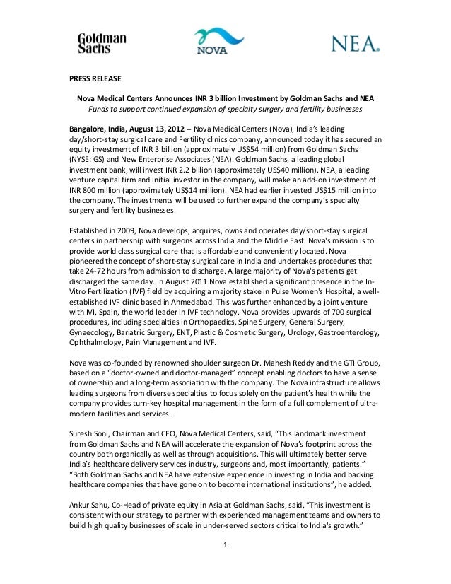 Nova Medical Centers announces INR 3 billion investment by Goldman Sachs