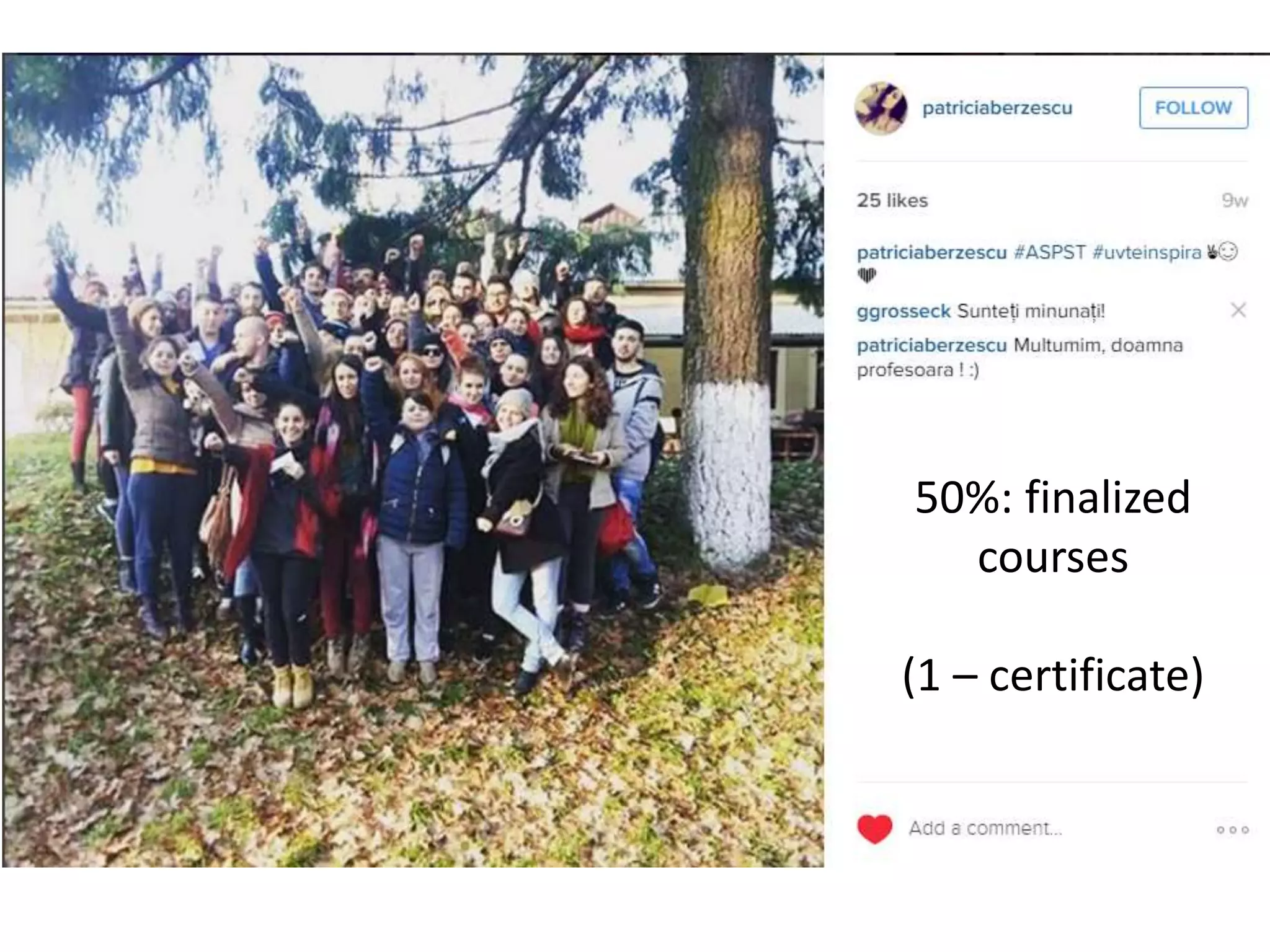 50%: finalized
courses
(1 – certificate)