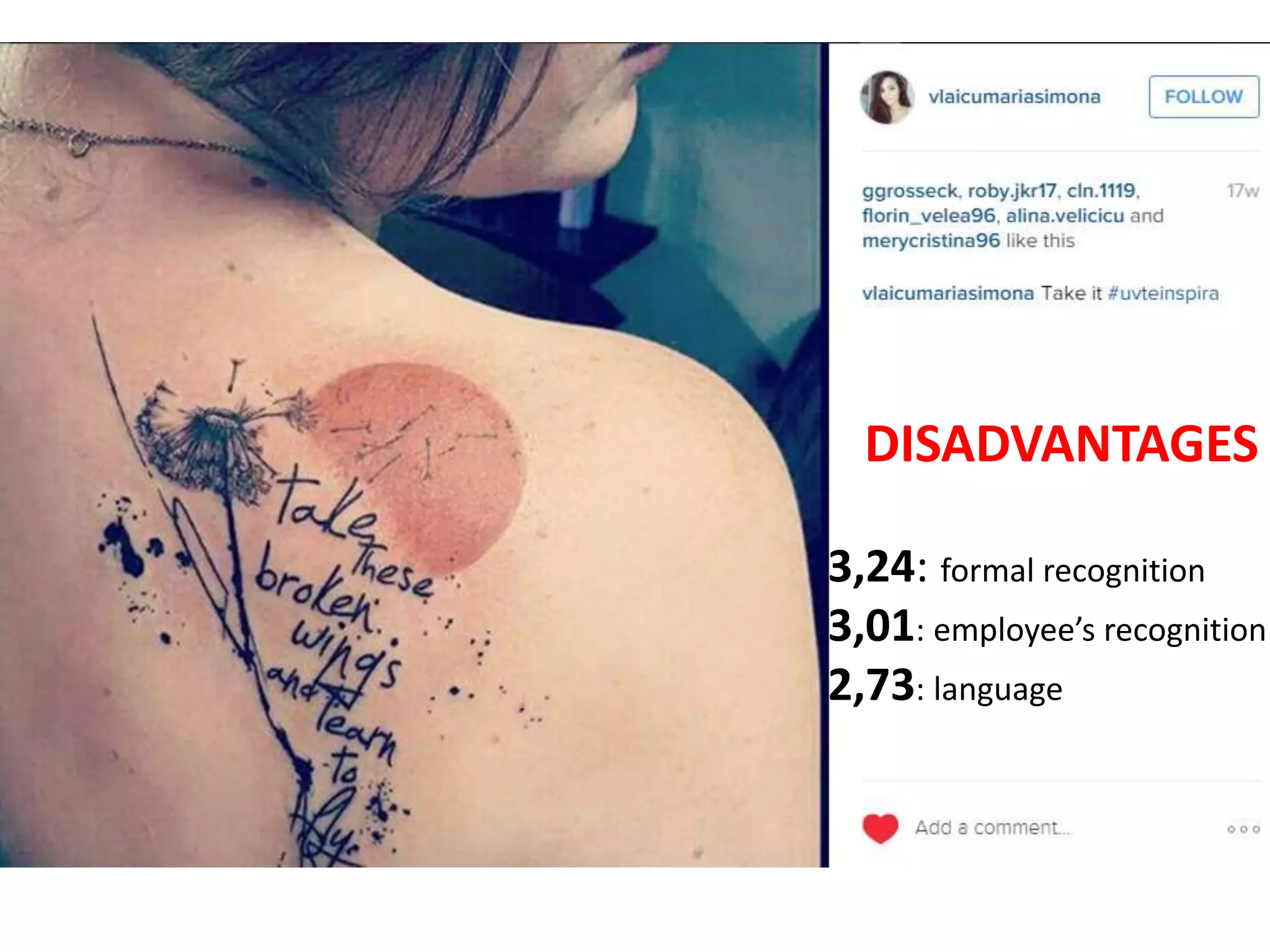 DISADVANTAGES
3,24: formal recognition
3,01: employee’s recognition
2,73: language