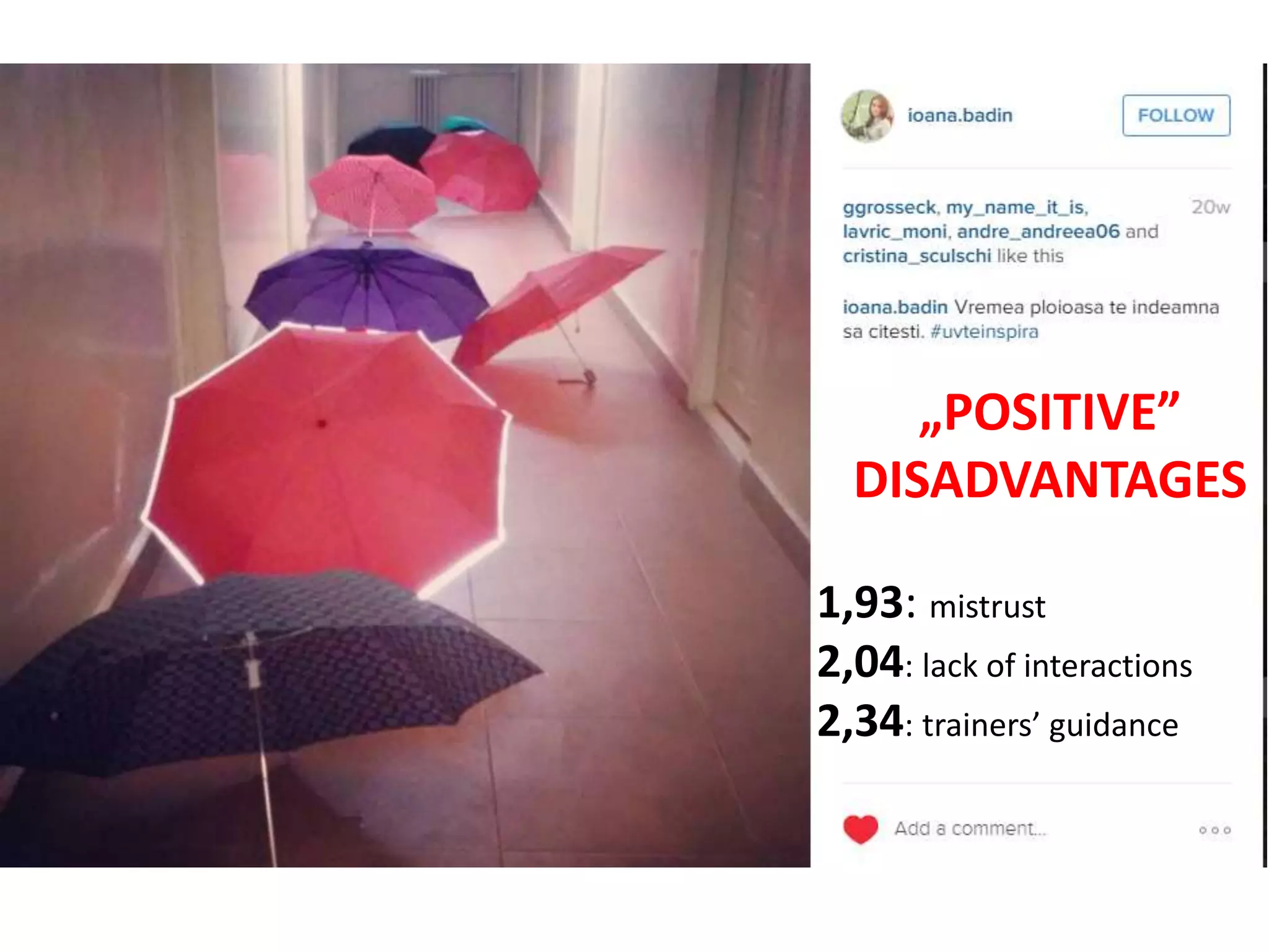 „POSITIVE”
DISADVANTAGES
1,93: mistrust
2,04: lack of interactions
2,34: trainers’ guidance