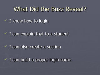 What Did the Buzz Reveal? I know how to login I can explain that to a student I can also create a section I can build a proper login name 