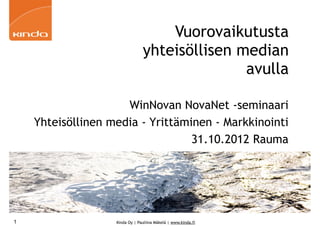 Vuorovaikutusta
                                yhteisöllisen median
                                               avulla

                     WinNovan NovaNet -seminaari
    Yhteisöllinen media - Yrittäminen - Markkinointi
                                  31.10.2012 Rauma




1                  Kinda Oy | Pauliina Mäkelä | www.kinda.fi
 
