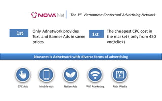 Novanet is Adnetwork with diverse forms of advertising
The 1st Vietnamese Contextual Advertising Network
1st Only Adnetwork provides
Text and Banner Ads in same
prices
1st
The cheapest CPC cost in
the market ( only from 450
vnd/click)
 