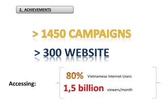 2. ACHIEVEMENTS
1,5 billion
Vietnamese Internet Users
viewers/month
Accessing:
 