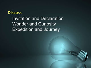 Discuss
Invitation and Declaration
Wonder and Curiosity
Expedition and Journey

 