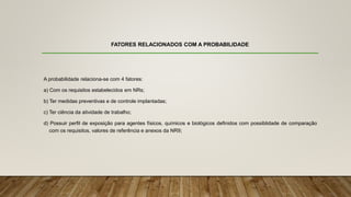 FATORES RELACIONADOS COM A PROBABILIDADE
A probabilidade relaciona-se com 4 fatores:
a) Com os requisitos estabelecidos em NRs;
b) Ter medidas preventivas e de controle implantadas;
c) Ter ciência da atividade de trabalho;
d) Possuir perfil de exposição para agentes físicos, químicos e biológicos definidos com possiblidade de comparação
com os requisitos, valores de referência e anexos da NR9;
 