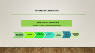 GRADAÇÃO DA SEVERIDADE
MAGNITUDE DA CONSEQUÊNCIA
AGENTE QUÍMICO: Dinâmica da Exposição
EFEITO
LOCAL OU
SISTÊMICO
APARECIMENTO
DOS EFEITOS
NOCIVOS
CARACTERÍSTICA
FÍSICO-QUÍMICA
TOXICIDADE
DOSE OU
CONCENTRAÇÃO
TIPO DE
EXPOSIÇÃO
VIA DE
ABSORÇÃO
 