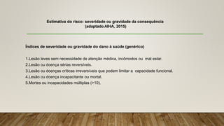 Estimativa do risco: severidade ou gravidade da consequência
(adaptado AIHA, 2015)
Índices de severidade ou gravidade do dano à saúde (genérico)
1.Lesão leves sem necessidade de atenção médica, incômodos ou mal estar.
2.Lesão ou doença sérias reversíveis.
3.Lesão ou doenças críticas irreversíveis que podem limitar a capacidade funcional.
4.Lesão ou doença incapacitante ou mortal.
5.Mortes ou incapacidades múltiplas (>10).
 