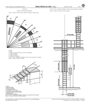 Nº 246, sexta-feira, 24 de dezembro de 2010                                                                           1                   ISSN 1677-7042                      219
                                                ANEXO III                                            Fonte: EN 14122 - Segurança de Máquinas - Meios de aceso permanentes às máquinas.
                                 MEIOS DE ACESSO PERMANENTES                                         Figura 3: Exemplo de escada fixa do tipo marinheiro.

         Figura 1: Escolha dos meios de acesso conforme a inclinação - ângulo de lance.




         Legenda:
         A: rampa.
         B: rampa com peças transversais para evitar o escorregamento.
         C: escada com espelho.
         D: escada sem espelho.
         E: escada do tipo marinheiro.
         Fonte: EN 14122 - Segurança de Máquinas - Meios de aceso permanentes às máquinas.
         Figura 2: Exemplo de escada sem espelho.




Este documento pode ser verificado no endereço eletrônico http://www.in.gov.br/autenticidade.html,       Documento assinado digitalmente conforme MP n o 2.200-2 de 24/08/2001, que institui a
                                                                                                                                                         -

pelo código 00012010122400219                                                                                                         Infraestrutura de Chaves Públicas Brasileira - ICP-Brasil.
 