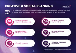MỤC
TIÊU
Thu hút khách hàng tiềm năng thông qua các hoạt động truyền thông sáng tạo trên mạng
xã hội. Xây dựng các concept chiến dịch truyền thông sáng tạo, có tầm ảnh hưởng.
CREATIVE & SOCIAL PLANNING
COMPANY PROFILE l www.novaoncommunication.com/
XÂY DỰNG CONCEPT
TRUYỀN THÔNG SÁNG TẠO
01
02 GIẢI PHÁP KÊNH &
TỐI ƯU NGÂN SÁCH
03 SẢN XUẤT NỘI DUNG
04
05
06 TƯ VẤN CÁC ĐỊNH DẠNH
QUẢNG CÁO
QUẢN TRỊ CÁC KÊNH
TRUYỀN THÔNG
ĐO LƯỜNG HIỆU QUẢ
NỘI DUNG
 