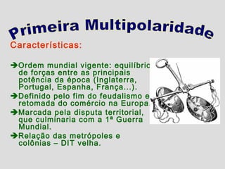 Características:

Ordem mundial vigente: equilíbrio
 de forças entre as principais
 potência da época (Inglaterra,
 Portugal, Espanha, França...).
Definido pelo fim do feudalismo e
 retomada do comércio na Europa.
Marcada pela disputa territorial,
 que culminaria com a 1ª Guerra
 Mundial.
Relação das metrópoles e
 colônias – DIT velha.
 