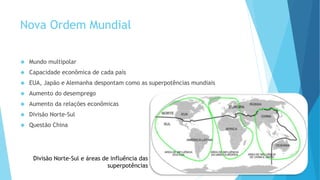 Nova Ordem Mundial
 Mundo multipolar
 Capacidade econômica de cada país
 EUA, Japão e Alemanha despontam como as superpotências mundiais
 Aumento do desemprego
 Aumento da relações econômicas
 Divisão Norte-Sul
 Questão China
Divisão Norte-Sul e áreas de influência das
superpotências
 