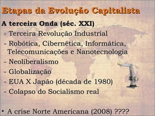 Etapas da Evolução CapitalistaEtapas da Evolução Capitalista
A terceira Onda (séc. XXI)A terceira Onda (séc. XXI)
- Terceira Revolução Industrial- Terceira Revolução Industrial
- Robótica, Cibernética, Informática,- Robótica, Cibernética, Informática,
Telecomunicações e NanotecnologiaTelecomunicações e Nanotecnologia
- Neoliberalismo- Neoliberalismo
- Globalização- Globalização
- EUA X Japão (década de 1980)- EUA X Japão (década de 1980)
- Colapso do Socialismo real- Colapso do Socialismo real
• A crise Norte Americana (2008) ????A crise Norte Americana (2008) ????
 