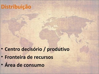 Distribuição
• Centro decisório / produtivo
• Fronteira de recursos
• Área de consumo
 
