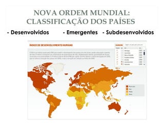 NOVA ORDEM MUNDIAL:
CLASSIFICAÇÃO DOS PAÍSES
- Desenvolvidos - Emergentes - Subdesenvolvidos
 