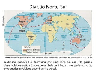 Divisão Norte-Sul
Mário
Yoshida
Fonte: Elaborado pelos autores com base em: Atlas nacional do Brasil. Rio de Janeiro: IBGE, 2000. p.20.
A divisão Norte-Sul é delimitada por uma linha sinuosa. Os países
desenvolvidos estão situados de um lado da linha, a maior parte ao norte,
e os subdesenvolvidos encontram-se ao sul.
 