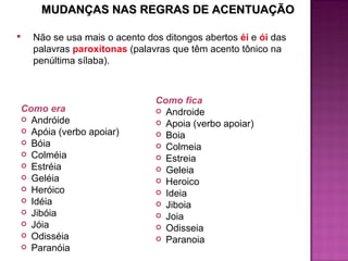 MUDANÇAS NAS REGRAS DE ACENTUAÇÃO Como era Andróide Apóia (verbo apoiar) Bóia Colméia Estréia Geléia Heróico Idéia Jibóia Jóia Odisséia Paranóia Como fica Androide Apoia (verbo apoiar) Boia Colmeia Estreia Geleia Heroico Ideia Jiboia Joia Odisseia Paranoia Não se usa mais o acento dos ditongos abertos  éi  e  ói   das palavras  paroxítonas   (palavras que têm acento tônico na penúltima sílaba). 