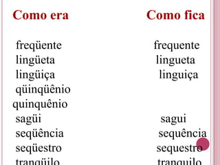 Como era     Como fica

freqüente     frequente
lingüeta       lingueta
lingüiça        linguiça
qüinqüênio
quinquênio
sagüi          sagui
seqüência     sequência
seqüestro     sequestro
 