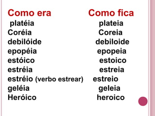 Como era                  Como fica
platéia                     plateia
Coréia                      Coreia
debilóide                  debiloide
epopéia                    epopeia
estóico                     estoico
estréia                     estreia
estréio (verbo estrear)   estreio
geléia                      geleia
Heróico                    heroico
 