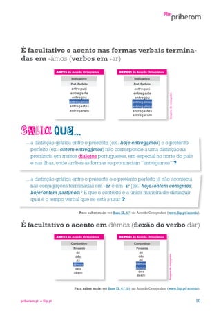 É facultativo o acento nas formas verbais terminadas em -ámos (verbos em -ar)
DEPOIS do Acordo Ortográfico

Imagens do conjugador

ANTES do Acordo Ortográfico

...  distinção gráfica entre o presente (ex.: hoje entregamos) e o pretérito
a
perfeito (ex.: ontem entregámos) não corresponde a uma distinção na
pronúncia em muitos dialetos portugueses, em especial no norte do país
e nas ilhas, onde ambas as formas se pronunciam “entregamos” ?
...  distinção gráfica entre o presente e o pretérito perfeito já não acontecia
a
nas conjugações terminadas em -er e em -ir (ex.: hoje/ontem comemos;
hoje/ontem partimos)? E que o contexto é a única maneira de distinguir
qual é o tempo verbal que se está a usar ?
Para saber mais: ver Base IX, 4.º do Acordo Ortográfico (www.flip.pt/acordo).

É facultativo o acento em dêmos (flexão do verbo dar)
DEPOIS do Acordo Ortográfico

Imagens do conjugador

ANTES do Acordo Ortográfico

Para saber mais: ver Base IX, 6.º, b) do Acordo Ortográfico (www.flip.pt/acordo).

priberam.pt

flip.pt

10

 