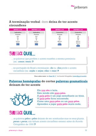 A terminação verbal -êem deixa de ter acento
circunflexo
DEPOIS do AO

ANTES do AO

DEPOIS do AO

Imagens do conjugador

ANTES do AO

...  s palavras que perdem o acento mantêm a mesma pronúncia
a
(ex.: creem, veem) ?
...  o português do Brasil a terminação -ôo ou -ôos perde o acento
n
circunflexo (ex.: enjôo  enjoo, vôos  voos) ?
Para saber mais: ver Base IX, 7.º do Acordo Ortográfico (www.flip.pt/acordo).

Palavras homógrafas de certas palavras gramaticais
deixam de ter acento

Imagem do conversor

Ela coa côa o leite.
Este miúdo não para pára.
A pela péla é um jogo semelhante ao ténis.
O pelo pêlo ficou encravado.
Come uma pera pêra ou um pero pêro.
Aprendeu a jogar polo pólo muito cedo.

...  s palavras pêra e pêro deixam de ser acentuadas mas os seus plurais,
a
peras e peros, não tinham acento circunflexo mesmo antes do Acordo
Ortográfico de 1990 ?
priberam.pt

flip.pt

11

 