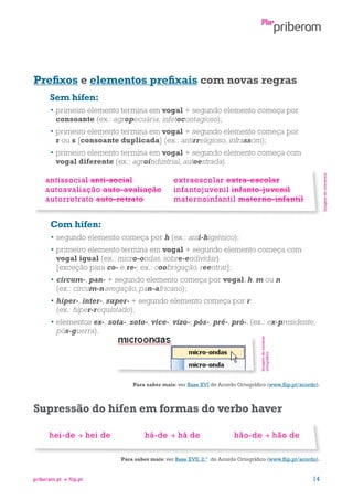 Prefixos e elementos prefixais com novas regras
Sem hífen:
•  rimeiro elemento termina em vogal + segundo elemento começa por
p
consoante (ex.: agropecuária, infetocontagioso);
•  rimeiro elemento termina em vogal + segundo elemento começa por
p
r ou s [consoante duplicada] (ex.: antirreligioso, infrassom);

antissocial anti-social
autoavaliação auto-avaliação
autorretrato auto-retrato

Imagem do conversor

•  rimeiro elemento termina em vogal + segundo elemento começa com
p
vogal diferente (ex.: agroindustrial, autoestrada).

extraescolar extra-escolar
infantojuvenil infanto-juvenil
maternoinfantil materno-infantil

Com hífen:
•  egundo elemento começa por h (ex.: anti-higiénico);
s
•  rimeiro elemento termina em vogal + segundo elemento começa com
p
vogal igual (ex.: micro-ondas, sobre-endividar)
[exceção para co- e re-; ex.: coobrigação, reentrar];
•  ircum-, pan- + segundo elemento começa por vogal, h, m ou n
c
(ex.: circum-navegação, pan-africano);
•  iper-, inter-, super- + segundo elemento começa por r
h
(ex.: hiper-requintado);

Imagem do corretor
ortográfico

•  lementos ex-, sota-, soto-, vice-, vizo-; pós-, pré-, pró-. (ex.: ex-presidente,
e
pós-guerra).

Para saber mais: ver Base XVI do Acordo Ortográfico (www.flip.pt/acordo).

Supressão do hífen em formas do verbo haver
hei-de



hei de

há-de



há de

hão-de



hão de

Para saber mais: ver Base XVII, 2.º do Acordo Ortográfico (www.flip.pt/acordo).

priberam.pt

flip.pt

14

 