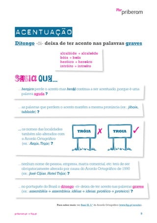 Ditongo -ói- deixa de ter acento nas palavras graves
alcalóide  alcaloide
bóia  boia
heróico  heroico
intróito  introito

...  eroico perde o acento mas herói continua a ser acentuado, porque é uma
h
palavra aguda ?
...  s palavras que perdem o acento mantêm a mesma pronúncia (ex.: jiboia,
a
tabloide) ?

...  s nomes das localidades
o
também são alterados com
o Acordo Ortográfico
(ex.: Azoia, Troia) ?

TRÓIA

TROIA

...  enhum nome de pessoa, empresa, marca comercial, etc. terá de ser
n
obrigatoriamente alterado por causa do Acordo Ortográfico de 1990
(ex.: José Cóias, Hotel Tróia) ?
...  o português do Brasil o ditongo -éi- deixa de ter acento nas palavras graves
n
(ex.: assembléia  assembleia, idéias  ideias, protéico  proteico) ?

Para saber mais: ver Base IX, 3.º do Acordo Ortográfico (www.flip.pt/acordo).

priberam.pt

flip.pt

9

 