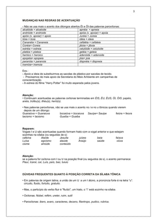 3
MUDANÇAS NAS REGRAS DE ACENTUAÇÃO
- Não se usa mais o acento dos ditongos abertos ÉI e ÓI das palavras paroxítonas:
alcalóide = alcaloide apnéia = apneia
andróide = androide apóia (v. apoiar) = apoia
apóio (v. apoiar) = apoio Juréia = Jureia
bóia = boia idéia = ideia
Cananéia = Cananeia cefaléia = cefaleia
Coréia= Coreia jibóia = jiboia
estréia = estreia celulóide = celuloide
platéia = plateia geléia = geleia
heróico = heroico adenóide = adenoide
epopéia= epopeia jóia= joia
paranóia = paranoia dispnéia = dispneia
tramóia= tramoia
Exs.:
- Apoio a ideia de substituirmos as sacolas de plástico por sacolas de tecido.
- Precisamos de mais apoio da Secretaria do Meio Ambiente em campanhas de
conscientização.
- A estreia do filme “Harry Potter” foi muito esperada pelos jovens.
Atenção:
• Continuam acentuadas as palavras oxítonas terminadas em ÉIS, ÉU, ÉUS, ÓI, ÓIS: papéis,
anéis, troféu(s), ilhéu(s), herói(s).
• Nas palavras paroxítonas, não se usa mais o acento no i e no u tônicos quando vierem
depois de um ditongo:
Guaraiúva = Guaraiuva bocaiúva = bocaiuva Sauípe= Sauipe feiúra = feiura
taoísmo = taoismo Guaíba = Guaiba
Reparem:
Vogais I e U são acentuadas quando formam hiato com a vogal anterior e que estejam
sozinhas na sílaba (ou seguidas de s):
cafeína Ataíde Jesuíta juízes baía faísca
Luísa egoísmo alaúde Araújo saúde viúva
ciúme amiúde conteúdo
Atenção:
se a palavra for oxítona com I ou U na posição final (ou seguidos de s), o acento permanece:
Piauí, Icaraí, caí, Luís, país, baú, tuiuiú
DÚVIDAS FREQUENTES QUANTO À POSIÇÃO CORRETA DA SÍLABA TÔNICA
• Em palavras de origem latina, a união de um U a um I átono, a pronúncia forte é na letra “u”:
circuito, fluido, fortuito, gratuito.
• Mas, o particípio do verbo fluir é "fluído", um hiato, o “i” está sozinho na sílaba.
• Oxítonas: Nobel, refém, ureter, ruim, sutil
• Paroxítonas: ibero, avaro, caracteres, decano, filantropo, pudico, rubrica.
 