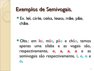 Exemplos de Semivogais.Exemplos de Semivogais.
Ex. lei, cárie, coisa, lousa, mãe, pão,
chão.
Obs.: em lei, mãe, pão e chão, temos
apenas uma sílaba e as vogais são,
respectivamente, e, a, a, a e as
semivogais são respectivamente, i, e, o e
o.
10
 