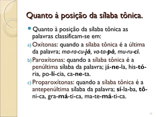 Quanto à posição da sílaba tônica.Quanto à posição da sílaba tônica.
Quanto à posição da sílaba tônica as
palavras classificam-se em:
a) Oxítonas: quando a sílaba tônica é a última
da palavra; ma-ra-cu-já, va-ta-pá, mu-ru-ci.
b)Paroxítonas: quando a sílaba tônica é a
penúltima sílaba da palavra; já-ne-la, his-tó-
ria, po-lí-cia, ca-ne-ta.
c) Proparoxítonas: quando a sílaba tônica é a
antepenúltima sílaba da palavra; sí-la-ba, tô-
ni-ca, gra-má-ti-ca, ma-te-má-ti-ca.
13
 