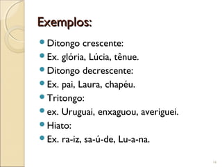 Exemplos:Exemplos:
Ditongo crescente:
Ex. glória, Lúcia, tênue.
Ditongo decrescente:
Ex. pai, Laura, chapéu.
Tritongo:
ex. Uruguai, enxaguou, averiguei.
Hiato:
Ex. ra-iz, sa-ú-de, Lu-a-na.
16
 