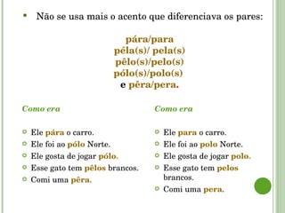 Como era Ele  pára   o carro.  Ele foi ao  pólo   Norte. Ele gosta de jogar  pólo . Esse gato tem   pêlos   brancos. Comi uma  pêra . Como era Ele  para   o carro.  Ele foi ao  polo   Norte. Ele gosta de jogar  polo . Esse gato tem   pelos   brancos. Comi uma  pera . Não se usa mais o acento que diferenciava os pares: pára/para péla(s)/ pela(s) pêlo(s)/pelo(s) pólo(s)/polo(s)   e   pêra/pera . 
