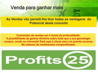 Venda para ganhar mais
As Vendas vão permiti-lhe tirar todas as vantagens do
Potencial deste conceito
Comissões de vendas em 4 níveis de profundidade:
A possibilidade de ganhar dinheiro sobre tudo que a sua genealogia
compra, vende ou reinveste! Está aqui a chave para um grande sucesso
No sistema de rendimentos compartilhados
 