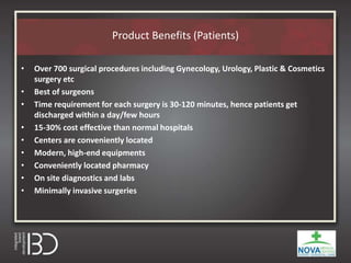 Product Benefits (Patients)
• Over 700 surgical procedures including Gynecology, Urology, Plastic & Cosmetics
surgery etc
• Best of surgeons
• Time requirement for each surgery is 30-120 minutes, hence patients get
discharged within a day/few hours
• 15-30% cost effective than normal hospitals
• Centers are conveniently located
• Modern, high-end equipments
• Conveniently located pharmacy
• On site diagnostics and labs
• Minimally invasive surgeries
 
