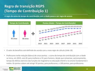 22
1
• O valor do benefício será definido de acordo com a nova regra de cálculo (slide 18)
• Professores terão redução (bônus) de cinco pontos: a soma do tempo de contribuição com a idade
se inicia, em 2019, com 81 para mulheres e 91 para homens, desde que comprove, exclusivamente,
tempo de efetivo exercício das funções de magistério na educação infantil e no ensino fundamental e
médio. Os pontos sobem até atingir 95 pontos, para professoras, e 100 pontos, para professores.
Regra de transição RGPS
(Tempo de Contribuição 1)
A regra da soma do tempo de contribuição com a idade passa a ser regra de acesso
Tempo de Contribuição
35 anos 30 anos
Pontos (Idade + Tempo de Contribuição)
96 97 98 99 100101102103104105105105105105105
86 87 88 89 90 91 92 93 94 95 96 97 98 99 100
2019 2021 2023 2025 2027 2029 2031 2033
 