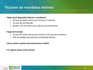 36
• Regra atual (deputados federais e senadores):
• 60 anos de idade mínima para homens e mulheres
• 35 anos de contribuição
• Recebe 1/35 do salário para cada ano de parlamentar
• Regra de transição
• 65 anos de idade mínima para homens e 62 anos para mulheres
• 30% de pedágio do tempo de contribuição faltante
• Novos eleitos estarão automaticamente no RGPS
• Os regimes atuais serão extintos
Titulares de mandatos eletivos
 