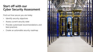 Start off with our
Cyber Security Assessment
Find out how secure you are today
• Identify security objectives
• Assess current security state
• Provide customized recommendations and
best practices
• Create an actionable security roadmap
 