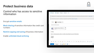 Control who has access to sensitive
information
Protect business data
Encrypt sensitive emails
Block sharing of sensitive information like credit card
numbers
Restrict copying and saving of business information
Enable unlimited cloud archiving
 