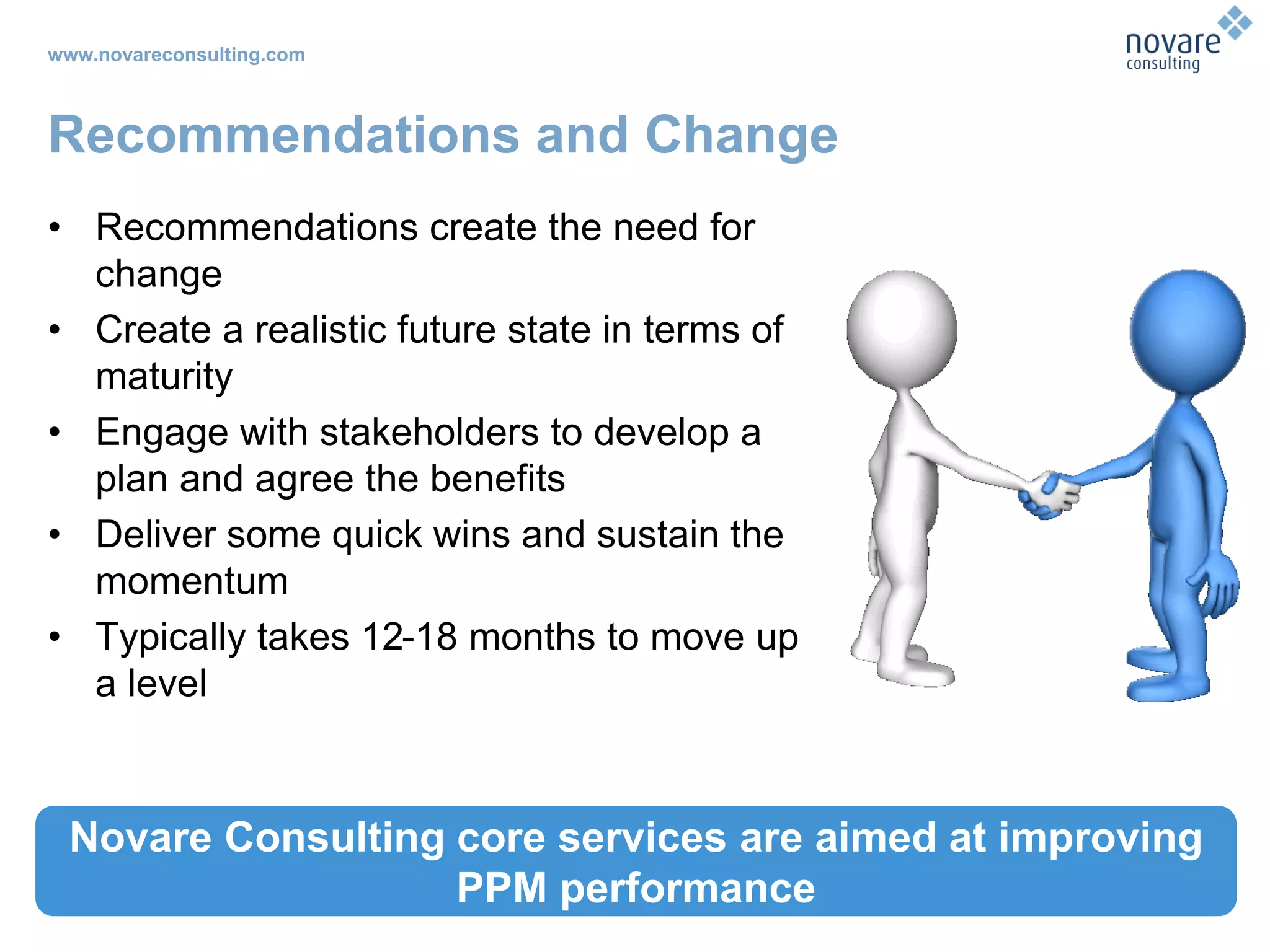 www.novareconsulting.com
Recommendations and Change
• Recommendations create the need for
change
• Create a realistic future state in terms of
maturity
• Engage with stakeholders to develop a
plan and agree the benefits
• Deliver some quick wins and sustain the
momentum
• Typically takes 12-18 months to move up
a level
Novare Consulting core services are aimed at improving
PPM performance
 