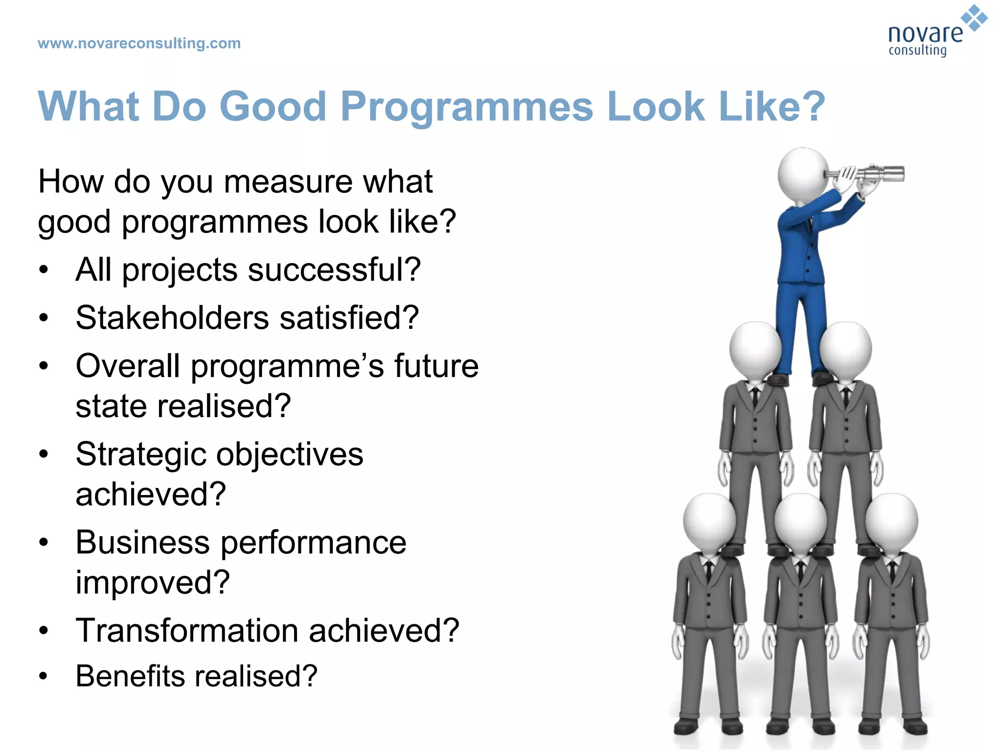 www.novareconsulting.com
What Do Good Programmes Look Like?
How do you measure what
good programmes look like?
• All projects successful?
• Stakeholders satisfied?
• Overall programme’s future
state realised?
• Strategic objectives
achieved?
• Business performance
improved?
• Transformation achieved?
• Benefits realised?
 