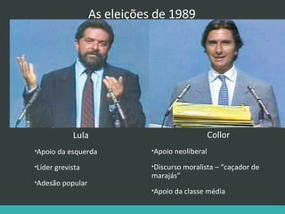 As eleições de 1989

Collor

Lula
•Apoio da esquerda

•Apoio neoliberal

•Líder grevista

•Discurso moralista – “caçador de

•Adesão popular

marajás”

•Apoio da classe média

 