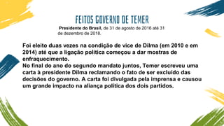 Feitos governo de temer
Presidente do Brasil, de 31 de agosto de 2016 até 31
de dezembro de 2018.
Foi eleito duas vezes na condição de vice de Dilma (em 2010 e em
2014) até que a ligação política começou a dar mostras de
enfraquecimento.
No final do ano do segundo mandato juntos, Temer escreveu uma
carta à presidente Dilma reclamando o fato de ser excluído das
decisões do governo. A carta foi divulgada pela imprensa e causou
um grande impacto na aliança política dos dois partidos.
 
