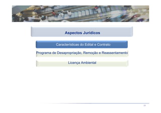 Aspectos Jurídicos


           Características do Edital e Contrato

Programa de Desapropriação, Remoção e Reassentamento

                   Licença Ambiental




                                                       28
 