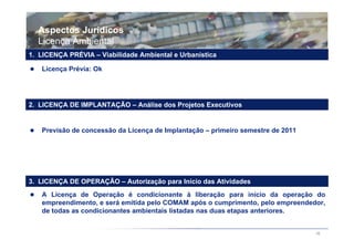 Aspectos Jurídicos
  Licença Ambiental
1. LICENÇA PRÉVIA – Viabilidade Ambiental e Urbanística

   Licença Prévia: Ok




2. LICENÇA DE IMPLANTAÇÃO – Análise dos Projetos Executivos


   Previsão de concessão da Licença de Implantação – primeiro semestre de 2011




3. LICENÇA DE OPERAÇÃO – Autorização para Início das Atividades
   A Licença de Operação é condicionante à liberação para início da operação do
   empreendimento, e será emitida pelo COMAM após o cumprimento, pelo empreendedor,
   de todas as condicionantes ambientais listadas nas duas etapas anteriores.


                                                                                 36
 