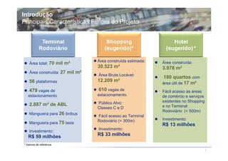 Introdução
Principais Características Físicas do Projeto




                                 Área construída estimada:   Área construída:
    Área total: 70 mil m²
                                 30.523 m²                   3.978 m²
    Área construída: 27 mil m²
                                 Área Bruta Locável:
                                                             180 quartos com
    56 plataformas               12.209 m²
                                                             área útil de 17 m²
    479 vagas de                 610 vagas de                Fácil acesso às áreas
   estacionamento                estacionamento.             de comércio e serviços
                                 Público Alvo:               existentes no Shopping
    2.887 m² de ABL                                          e no Terminal
                                 Classes C e D
                                                             Rodoviário (< 500m)
    Mangueira para 26 ônibus
                                 Fácil acesso ao Terminal
                                 Rodoviário (< 300m)         Investimento:
    Mangueira para 75 taxis                                  R$ 13 milhões
                                 Investimento:
    Investimento:
   R$ 59 milhões                 R$ 33 milhões

* Valores de referência

                                                                                      7
 